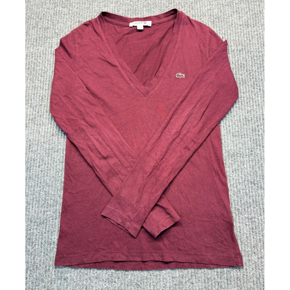 Lacoste Womens V-Neck Long Sleeve Cotton T-Shirt Burgundy Red FA10614 Size 34